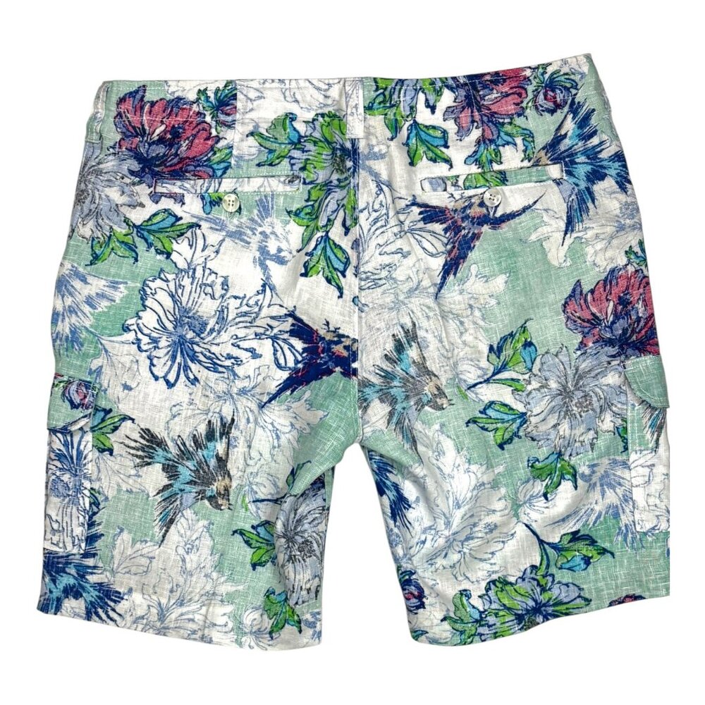 Azulu Multi Color Tropical Print 100% Linen Cargo Shorts - Picture 7 of 11